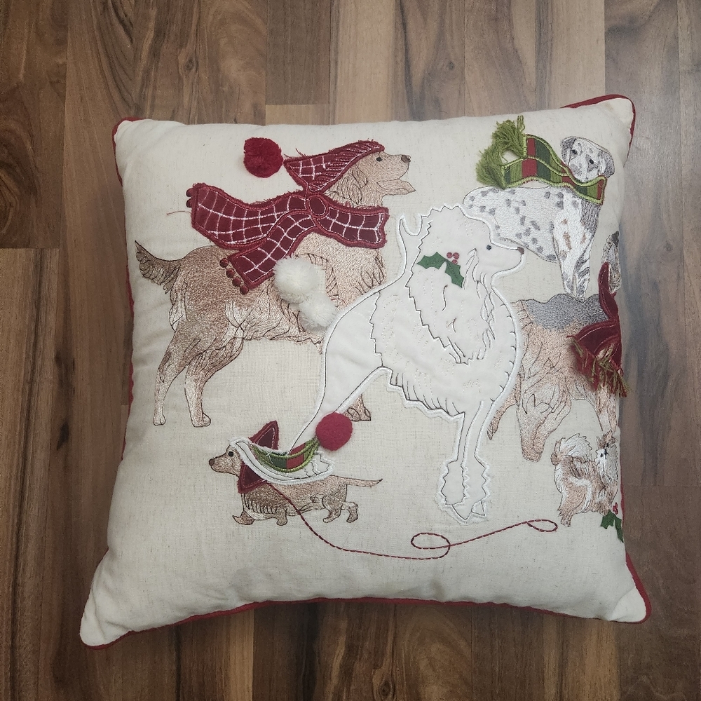 Pier 1 Christmas PARK AVENUE PUPPIES Dogs Embroidered Textured PILLOW w/ Zipper